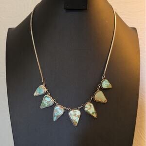 Vintage Teardrop Turquoise Stone Source Unknown Sterling Statement Necklace